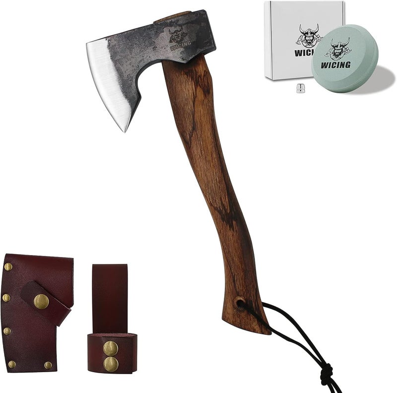 WICING 13.5 Inch Hatchet, Camping Axes and Hatchets 1065 Carbon Steel and Beech Handle, with Leather Sheath - Image 1
